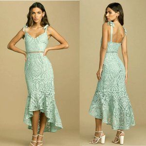 Lulu's Won Your Heart Sage Green Lace Midi Dress w/Tie-Strap & High-Low Hem